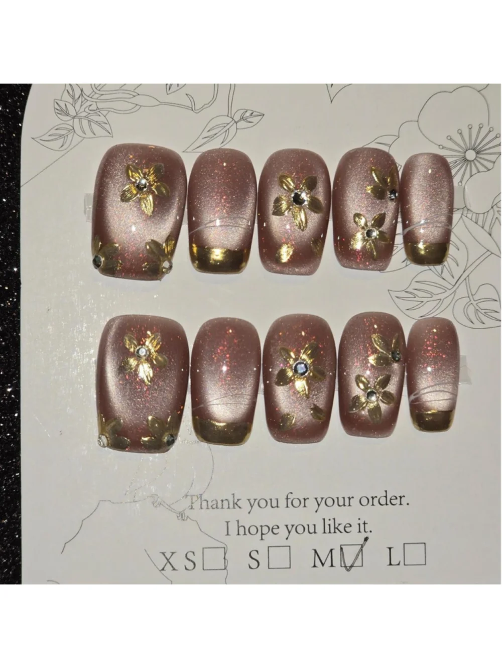 Gold and brown floral acrylic nails with glitter #floral #acrylic SIZE MEDIUM